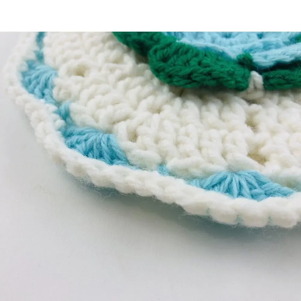 2 Handmade Crochet Potholder Trivet HotPads 3D Raised Blue Green Flowers Thick 8